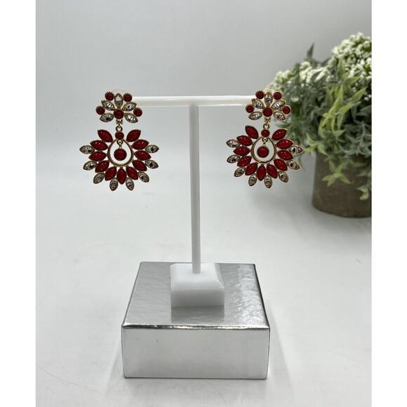 Amrita Singh Red Cabochon and Rhinestone Sunburst Chandelier Earrings - Picture 2 of 15
